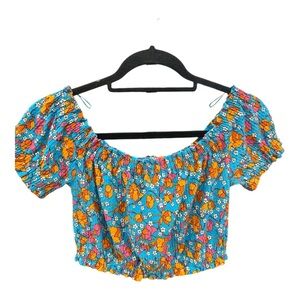 TopShop Floral Print Off-the-Shoulder Crop Top Cotton Blend Size 6 NWT
